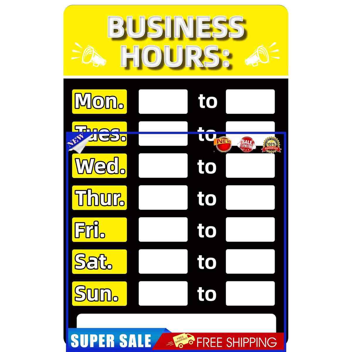 Business Hours Sign Hours of Operation Signs for Window / Door (Yellow)
