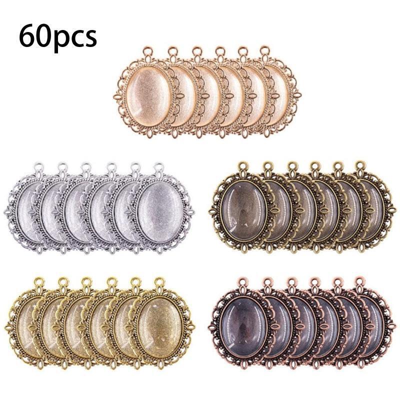 60 Pcs Pendant Trays Kit Metal Flat Pendant Blank Trays Bezel Oval Cabochon Base