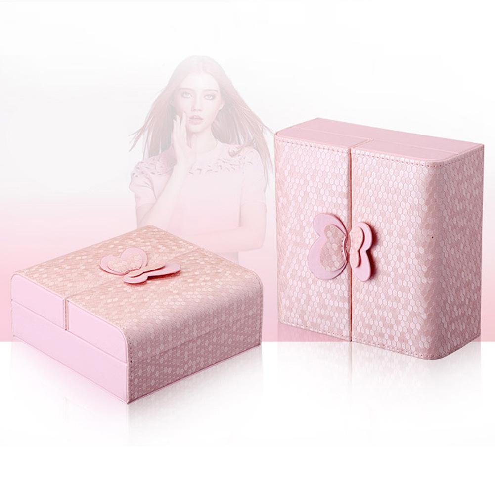 PU Leather Women Jewelry Box Earrings Holder Ring Storage Organizer (Pink)