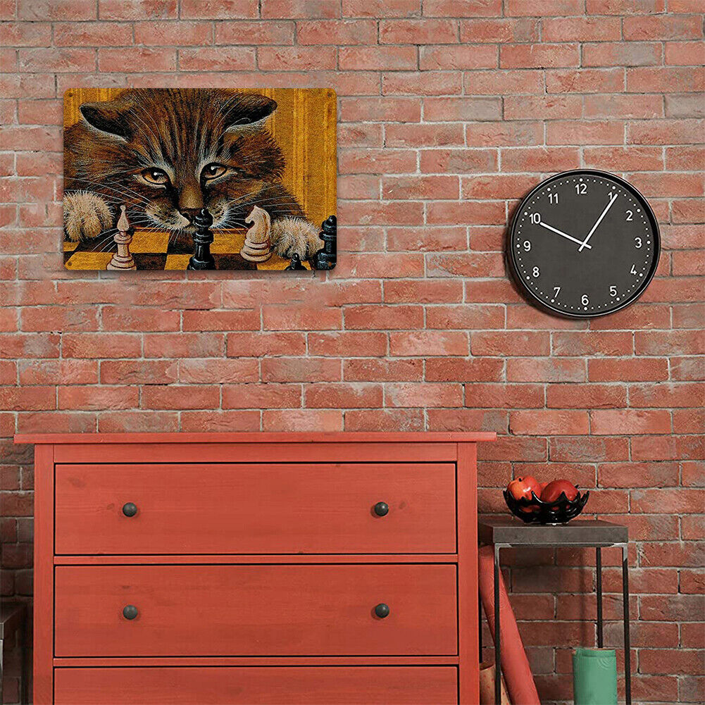 Playing Chess Cat Metal Plate Tin Sign for Bar Pub Club Cafe Wall Art Decor