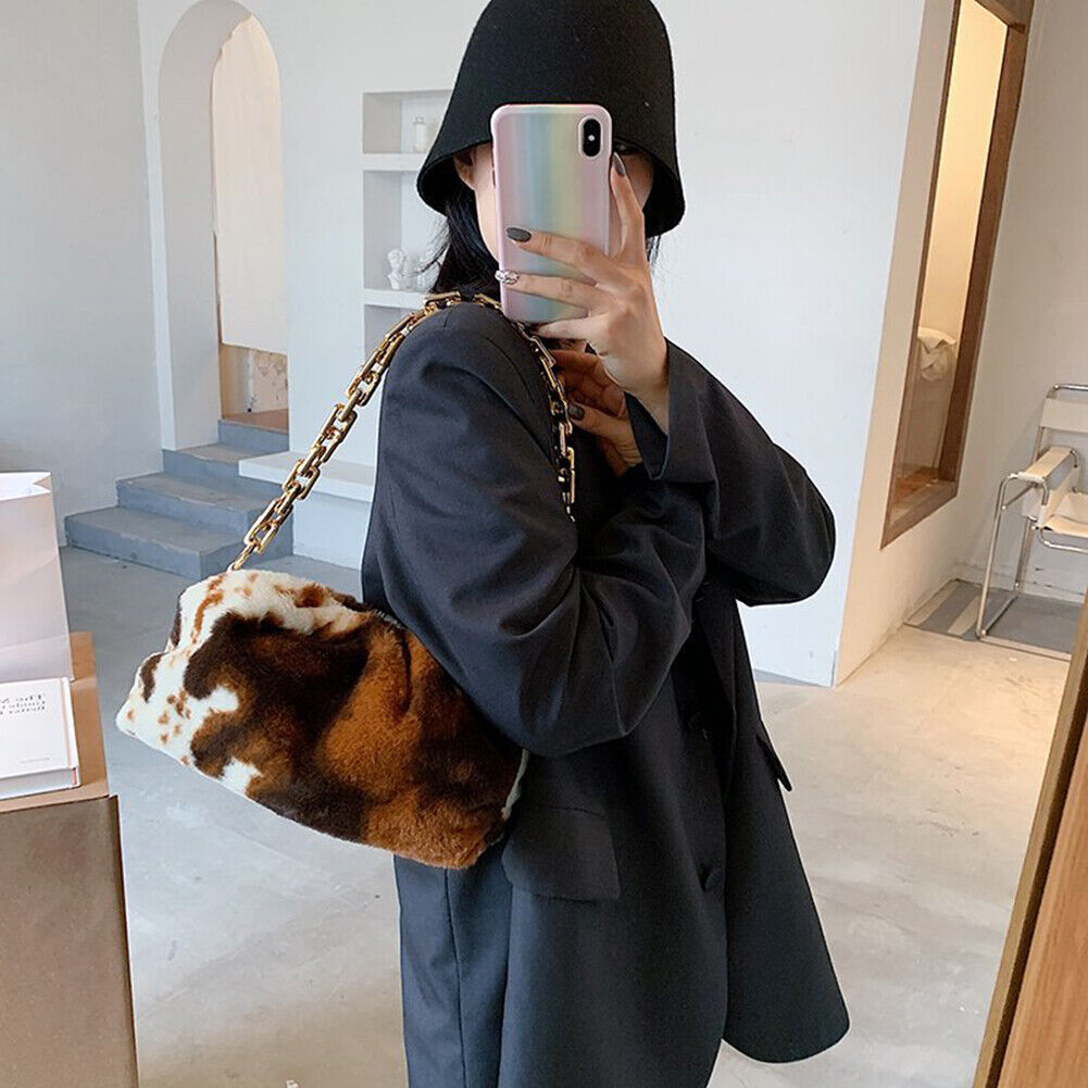 Women Plush Cloud Chain Handbags Cow Printed Shoulder Underarm Bags (Brown)