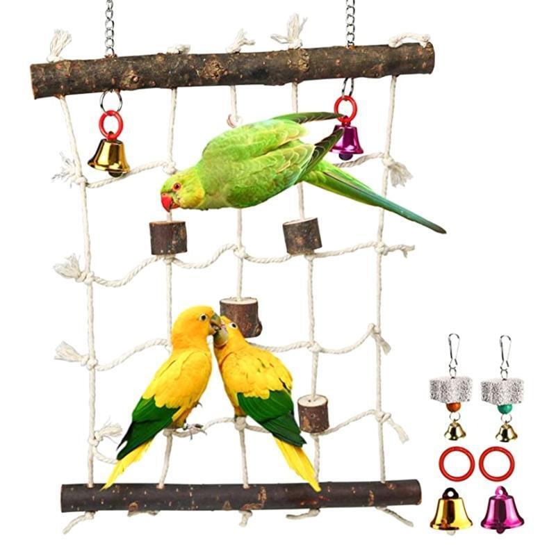 Bird Climbing Rope Net Hanging Ladder Wooden Chew Blocks Bells Chewing Stones