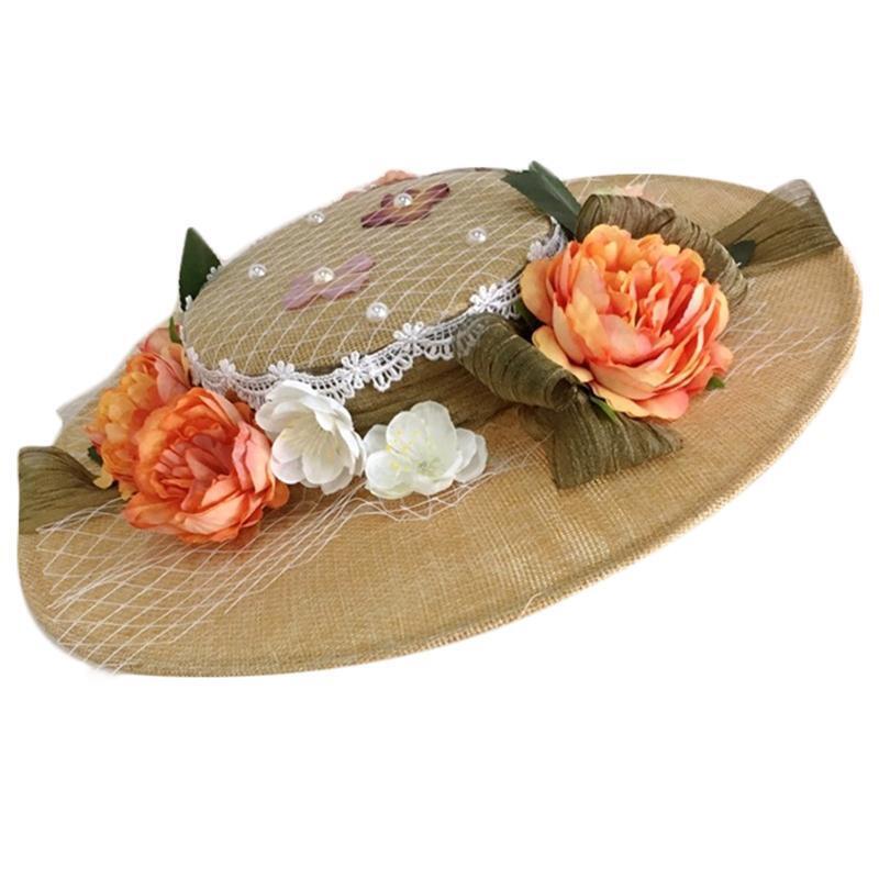 Trendy Sunshade Flat Hat Beach Hat Flower Decor Sunhat for Lolita Party Girls