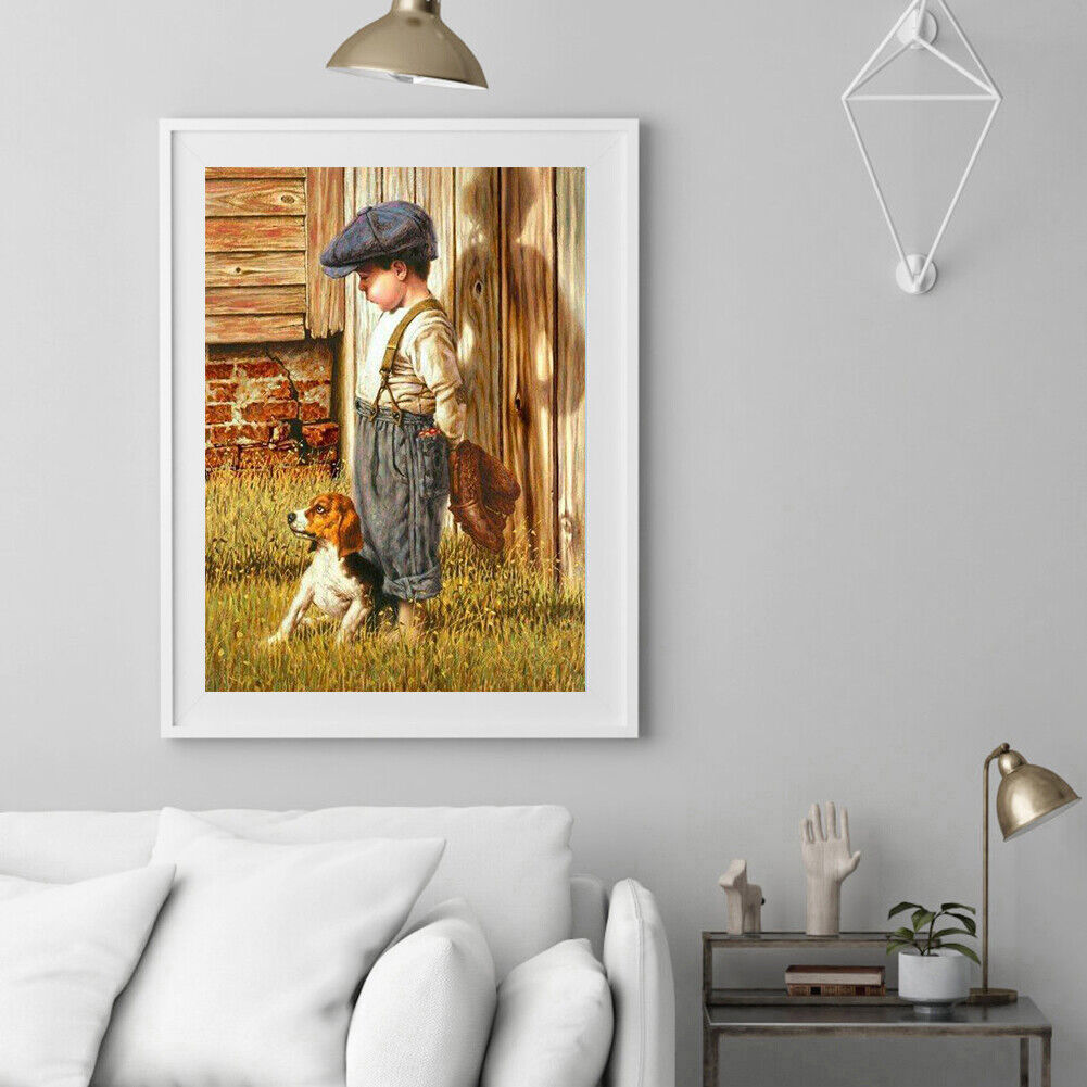 Little Boy and Dog Picture Rhinestone Full Round 5D DIY Diamond Painting