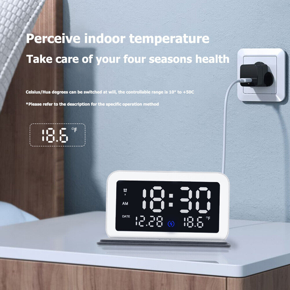 Alarm Clock with 15W Fast Wireless Charger Dimmable LED Display Night Light