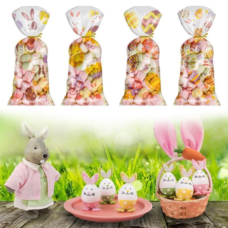 100 pcs Treat Bags with Twist Ties Holiday Goody Easter Theme Bunny Egg Pattern