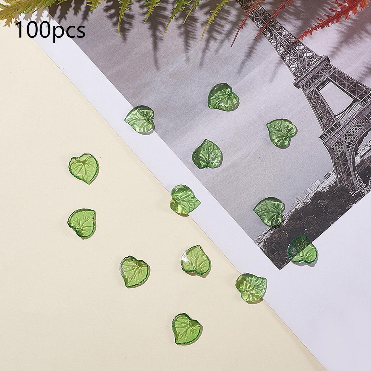 100x Green Transparent Acrylic Leaf Pendants Frosted Style Leaf Shape Bead