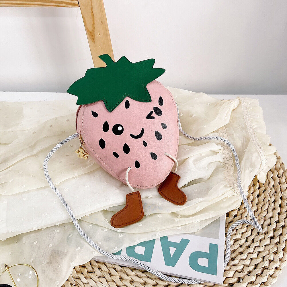 Kids Strawberry Shoulder Money Bag Girl PU Travel Crossbody Pouch (Pink)