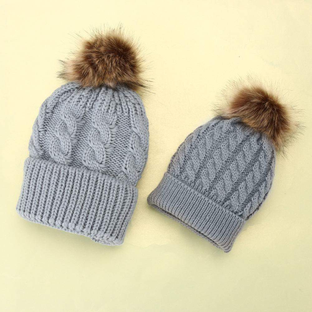 Mom Baby Kid Warm Raccoon Fur Bobble Beanie Cotton Knitted Parent-Child Hat