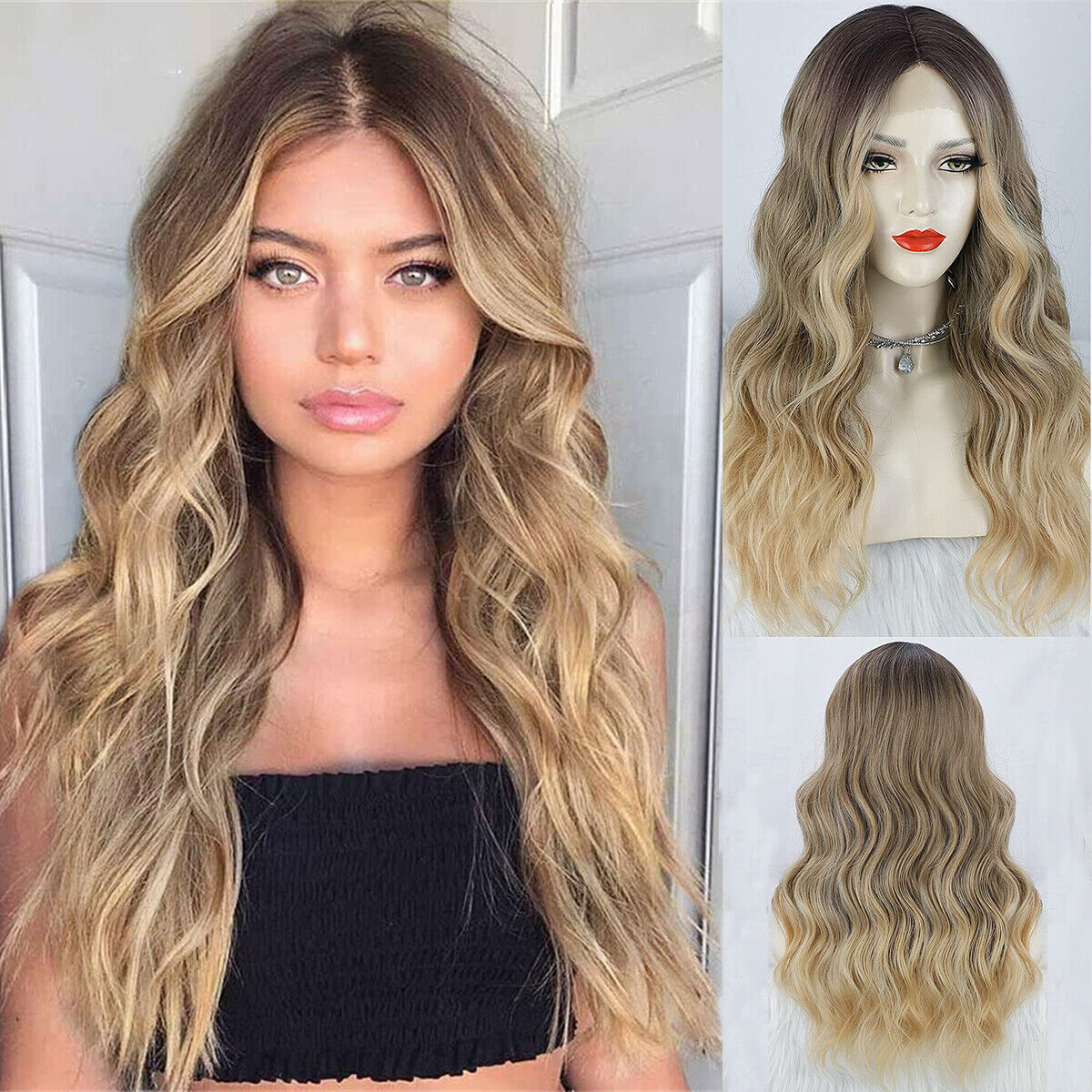 Fashion Womens Long Wavy Curly Hair Wig Ombre Blonde Synthetic Hair Full Wigs