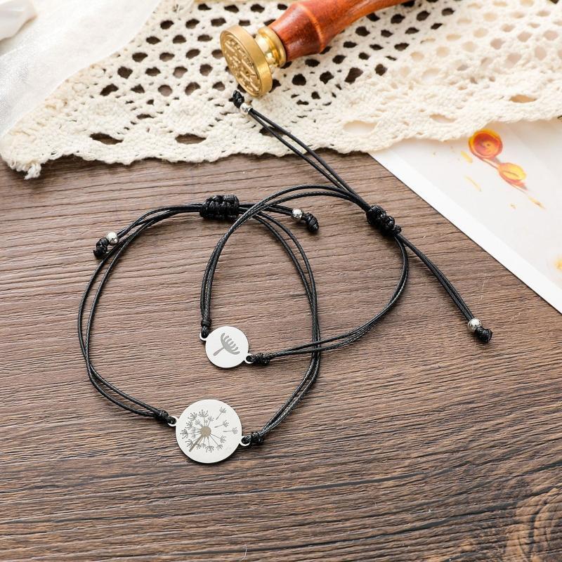 2Pcs Stainless Steel Dandelion Bracelets Set Adjustable Mother Daughter Bracelet