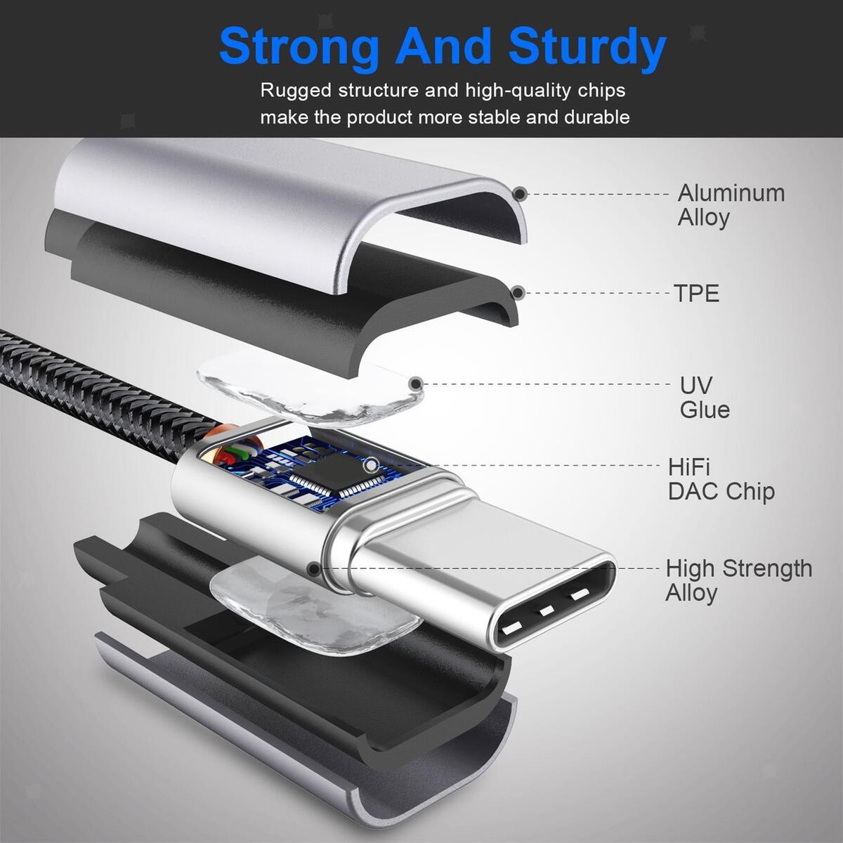USB C to 3.5mm Audio AUX Cable Dongle Cable Cord HiFi Sound DAC Chip for Car