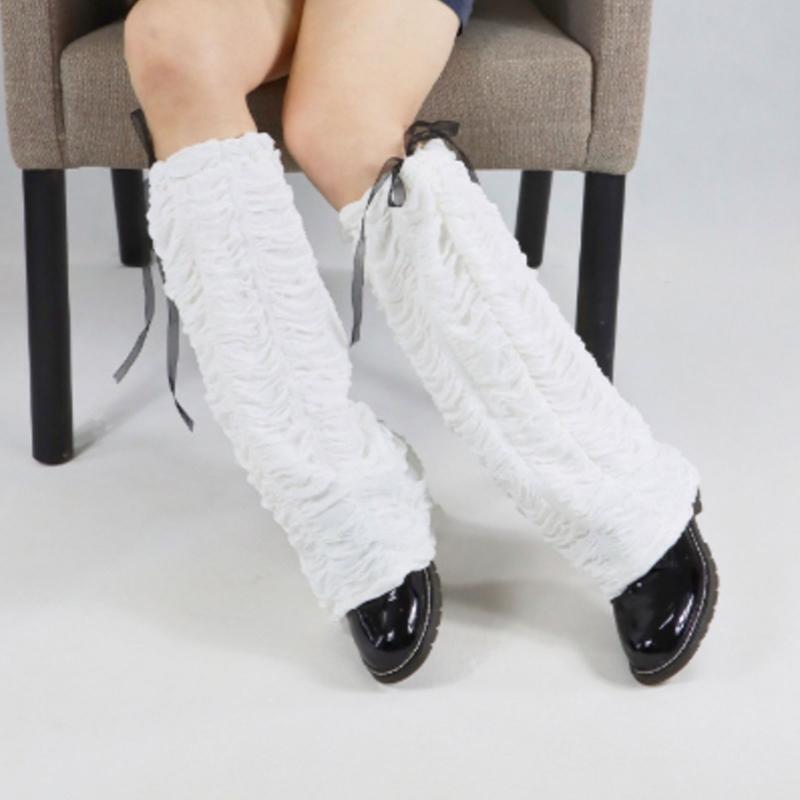 Sweet Lolita Bowknot Knee High Leg Warmers Women Wave Ruched Foot Cover Socks