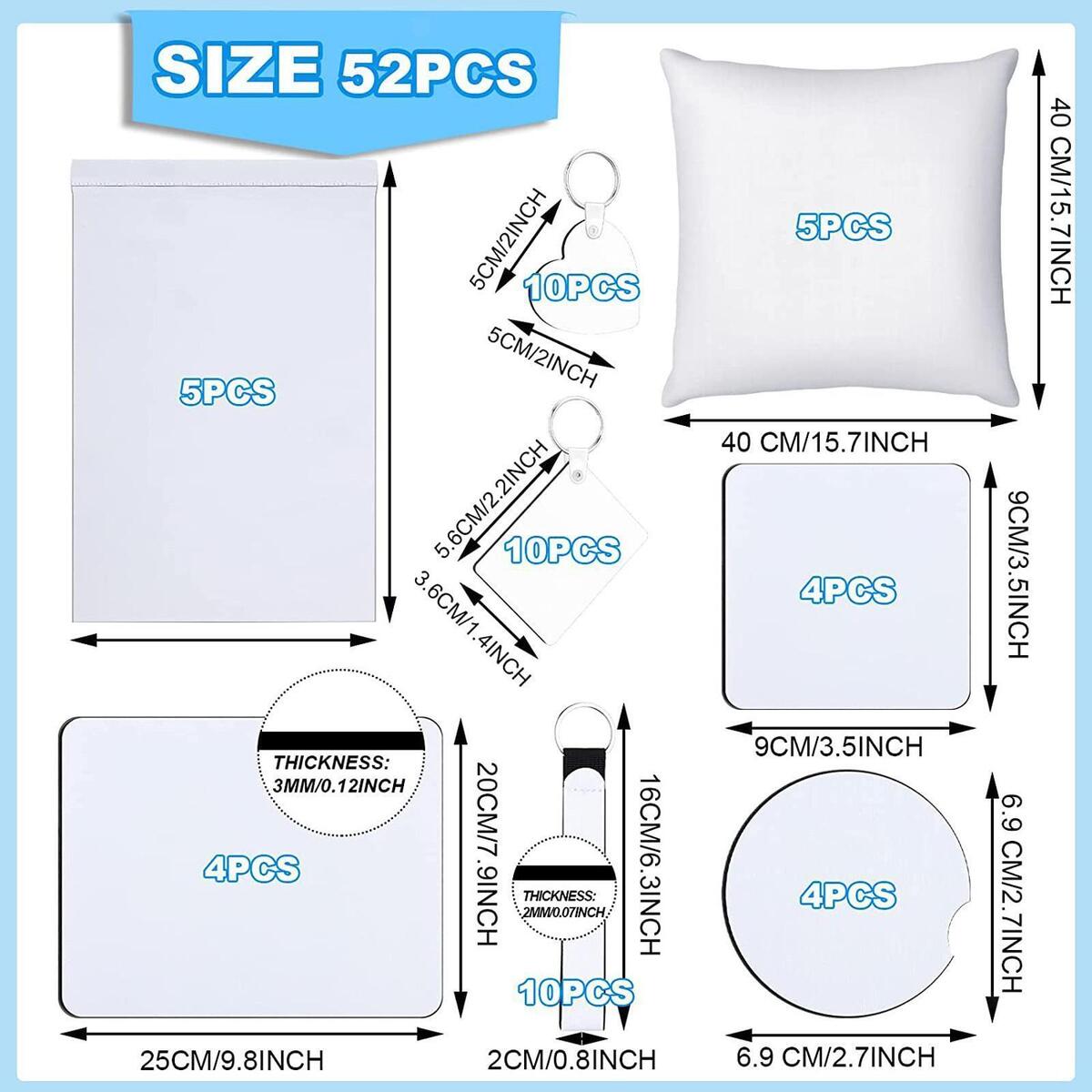 52Pcs Sublimation Blank Products Pillow Cover Keychain Mouse Pad Coaster
