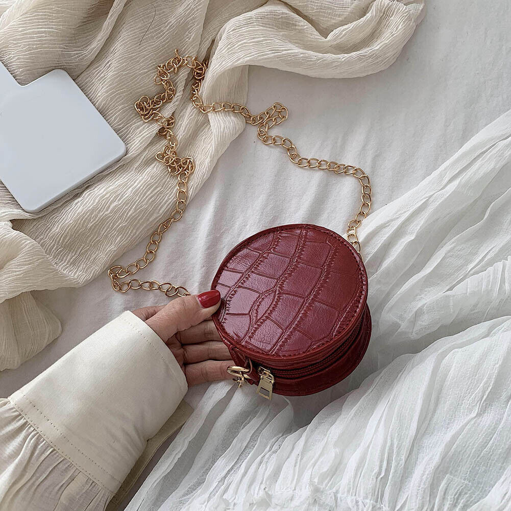 Women Mini Round Shoulder Bag PU Chain Messenger Solid Color Purse (Red)