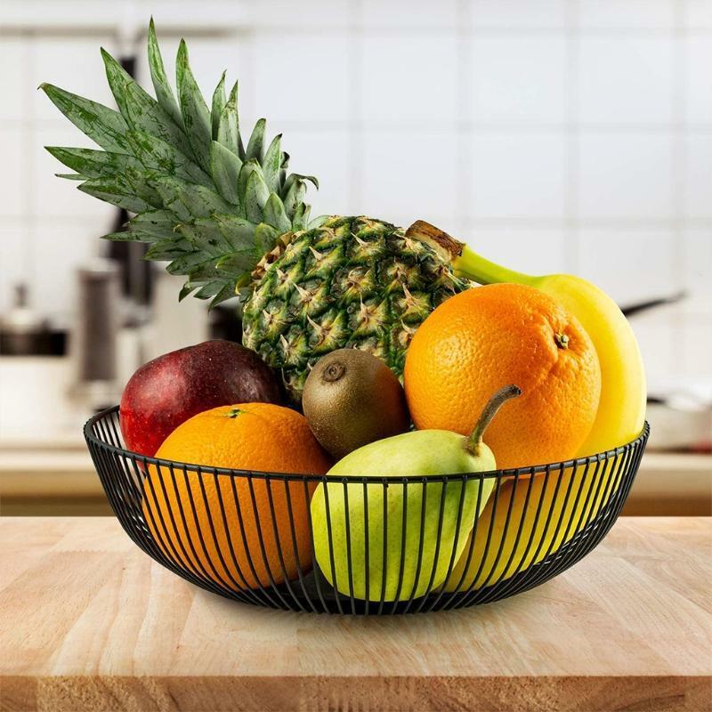Wrought Iron Fruit Basket Metal Wire Round Openwork Drain Bowl Snacks Storage