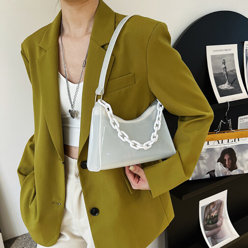 Summer Candy Color Portable Shoulder Bag PVC Chain Underarm Bag (White)