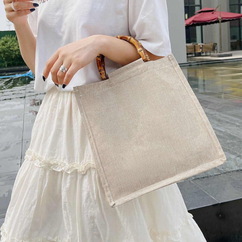 Women Bamboo Linen Shopping Tote Bags Casual Ladies Solid Large Handbag (B)