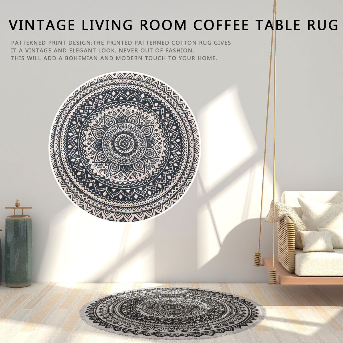 Hand Woven Rugs - Living Room Bedroom Carpet with Tassel (Blue Black 60cm)