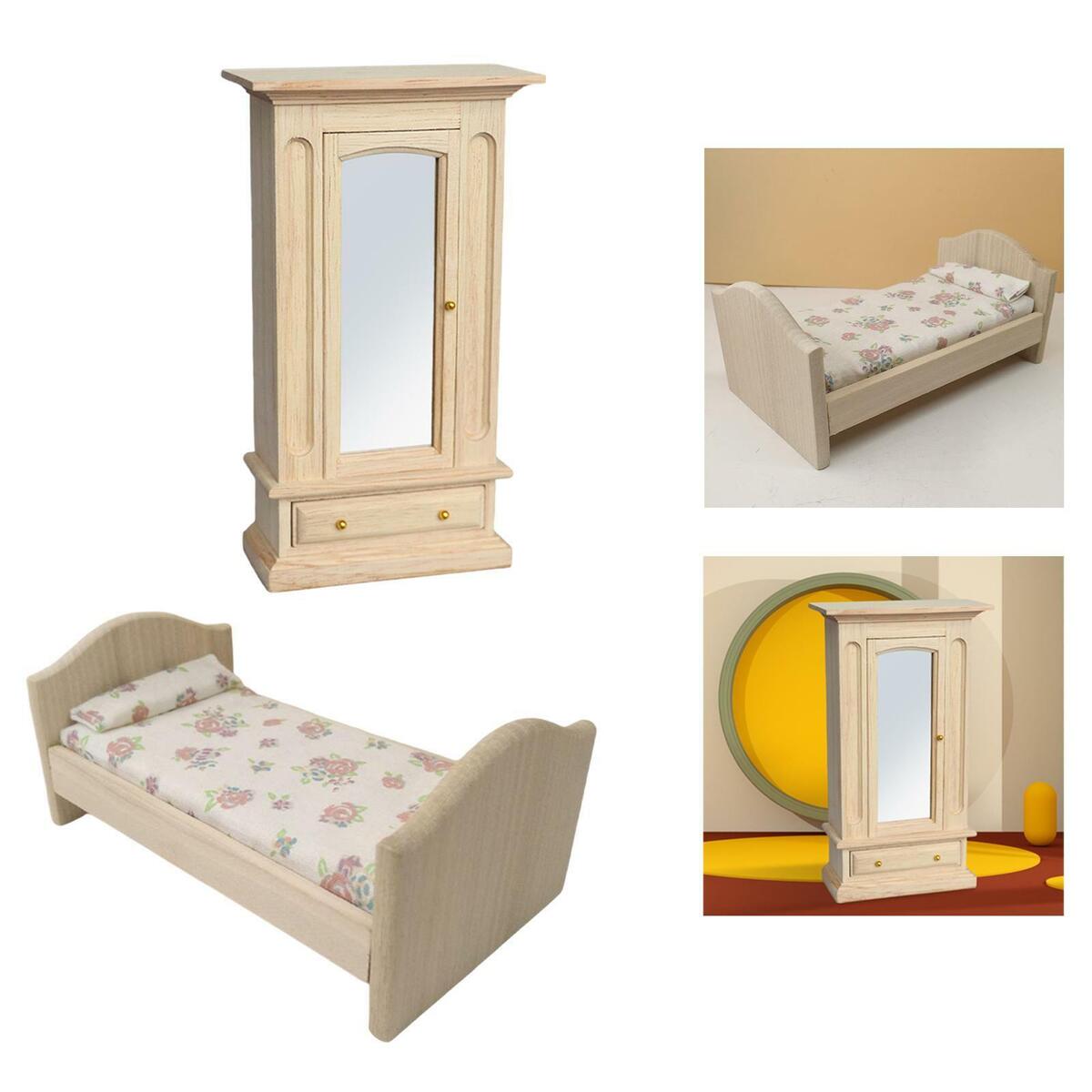 Mini 1:12 Wardrobe & Double bed and bedroom Life Scene Furniture Supplies Decor