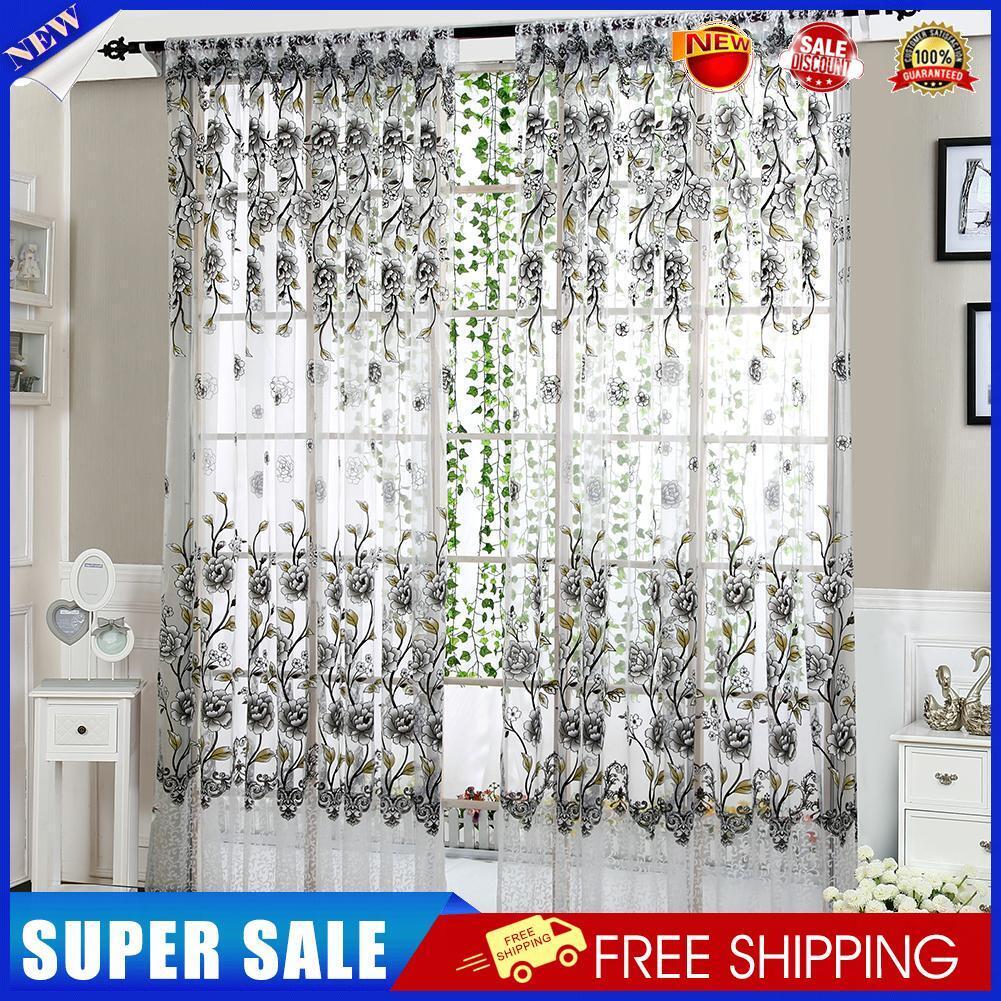 2PCS Peony Curtain Living Room Bedroom Home Door Window Curtain (Grey)