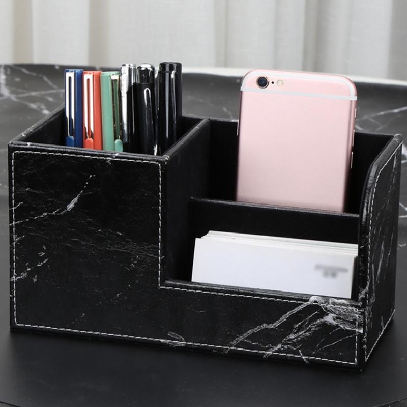 Black Marble Leather Desk Stationery Organizer Pen Pencil Holder Remote Control