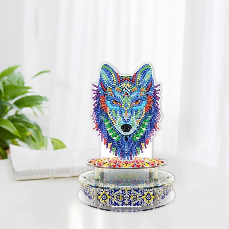 Colorful Wolf Head DIY Diamond Painting Mechanical Music Box with LED Light Gift