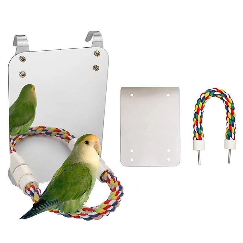 7 Inch Bird Mirror with Cotton Rope Perch Stand for Lovebirds Canaries Finch
