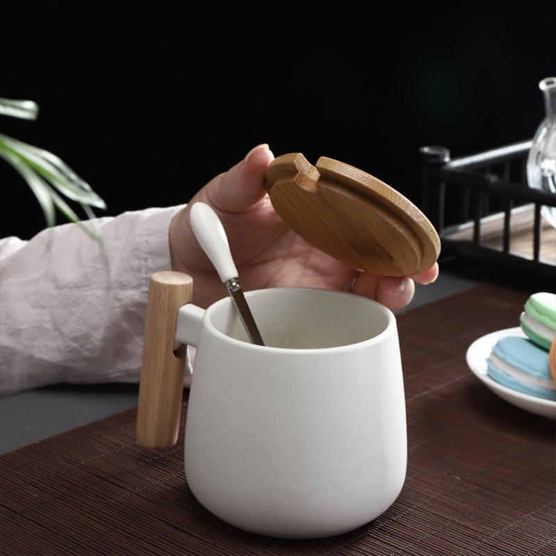 Wooden Handle Ceramic Mug Home Office Tea Milk Coffee Cup with Lid Spoon Teacup