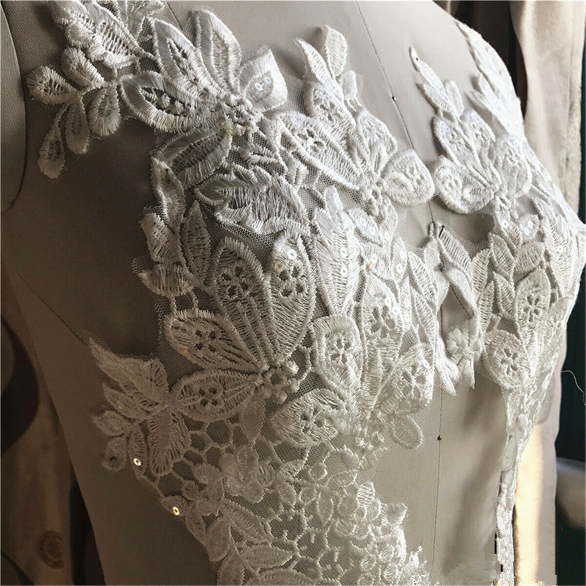 1Pair Flower Lace Applique Trim Embroidery Sewing Motif DIY Wedding Bridal Craft