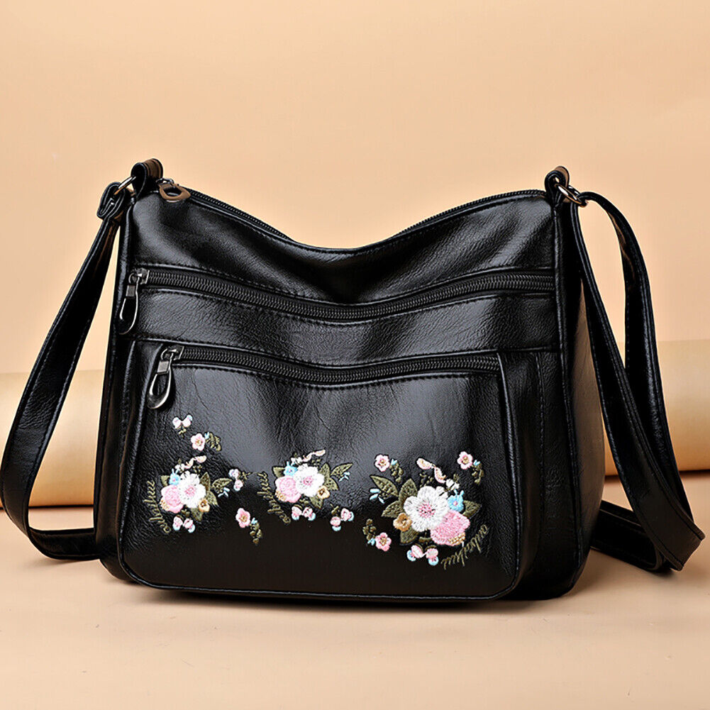 Women Embroidery Flower Crossbody Bag Zipper Multi-layer Bag (Black)