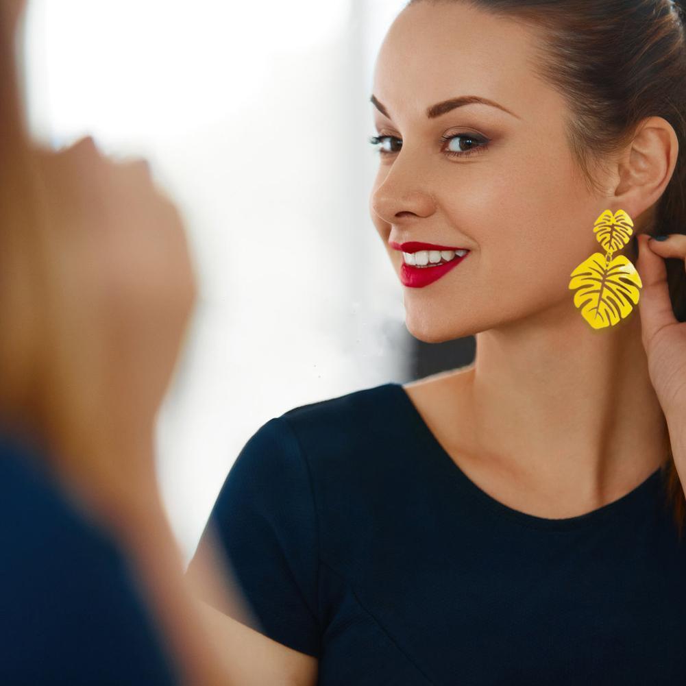 Hollowed Leaf Dangle Ear Stud Elegant Women Drop Earrings Jewelry (Yellow)