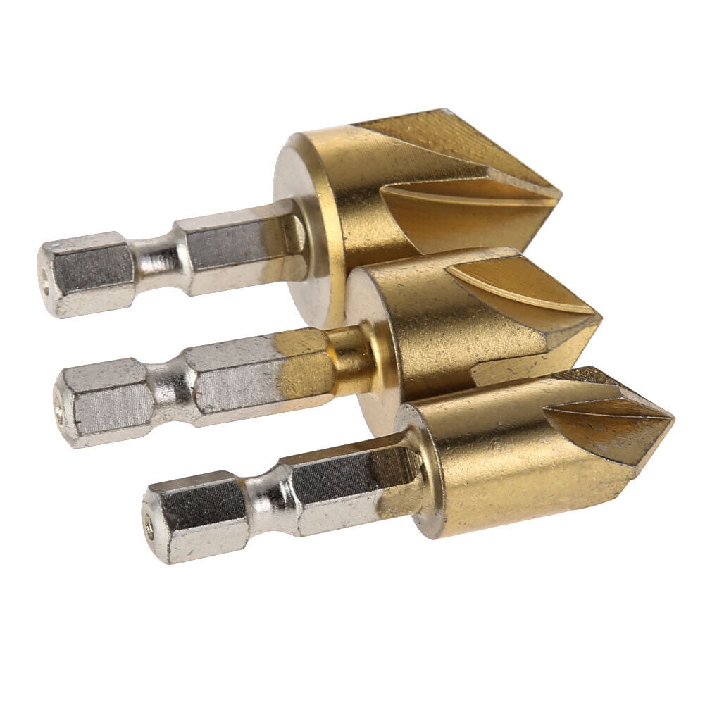 3pcs 5 Flutes HSS 1/4 Inch Hex Shank Chamfer Cutter 12/16/19mm Countersink