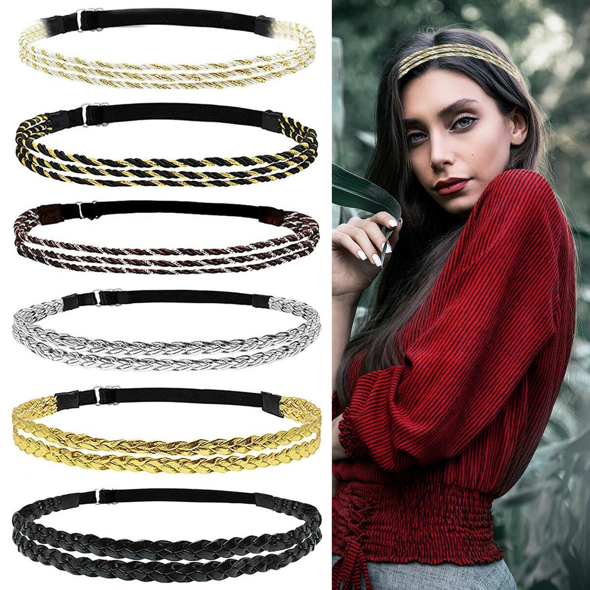 6x Braided Headbands Double Triple Strand Bohemian Style Plaited Boho Adjustable