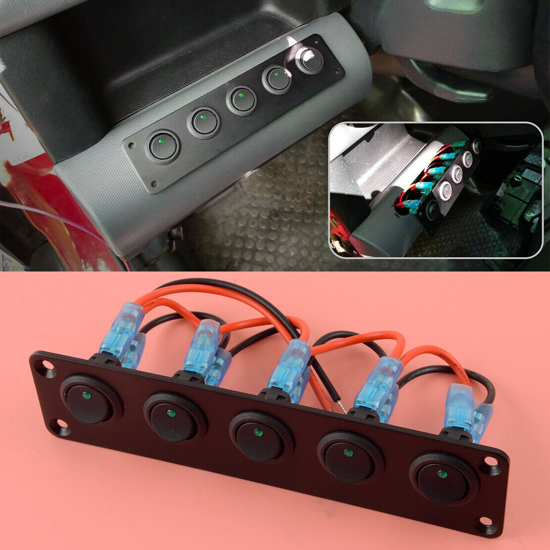 1pcs 5 Gang Rocker Toggle Switch Panel Green LED Car Truck RV Boat Dash 12V-24V