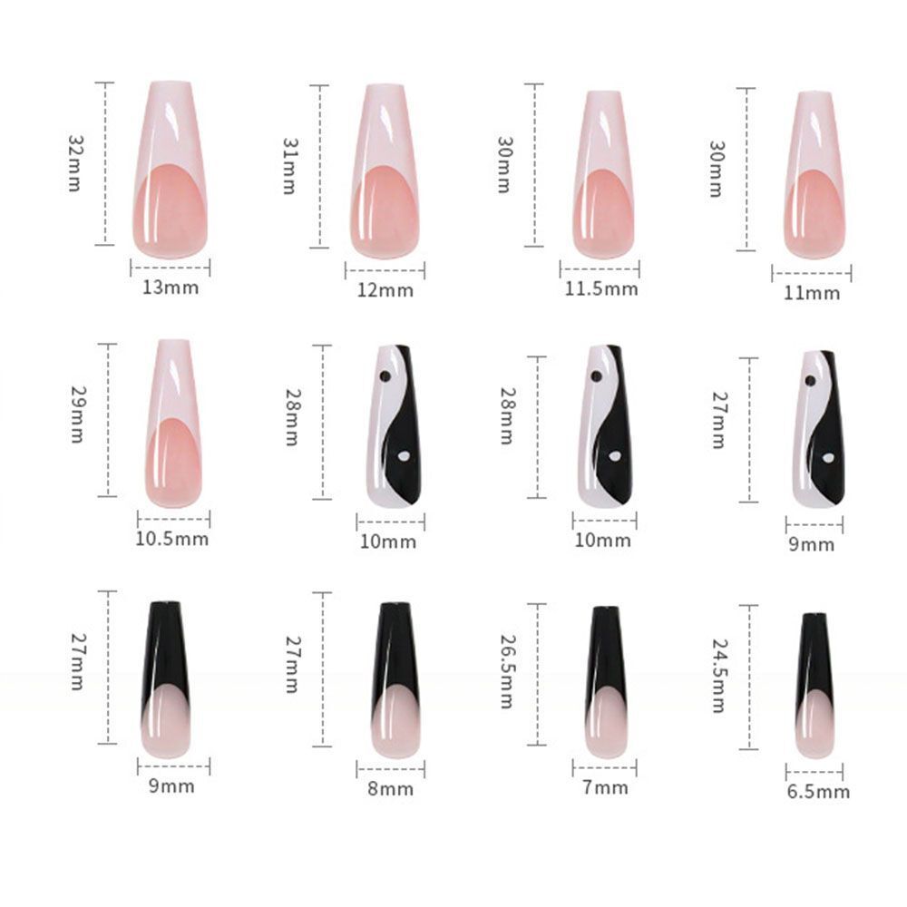False Nail Tips White and Black Mixed Colors with Taichi Design Long Coffin
