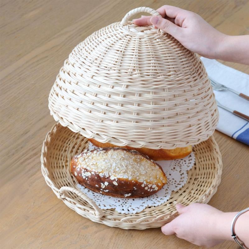 Handmade Woven Rattan Storage Tray with Cover Round Food Basket Display Case
