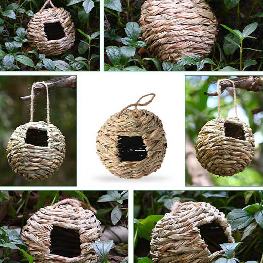 Natural Straw Bird Nest Hanging Handwoven Outdoor Breeding Round Birdhouse