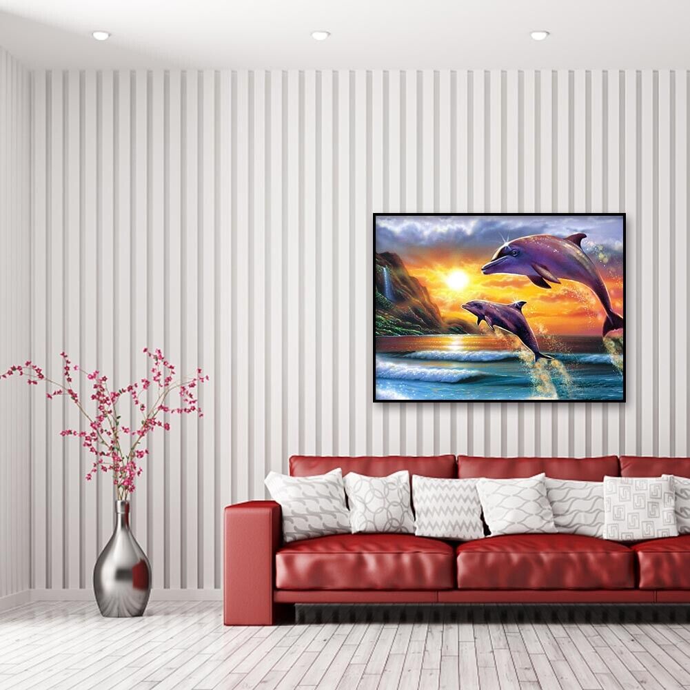 Diamond Painting Sunset Dolphin DIY Full Round Drill Wall Picture 40x30cm