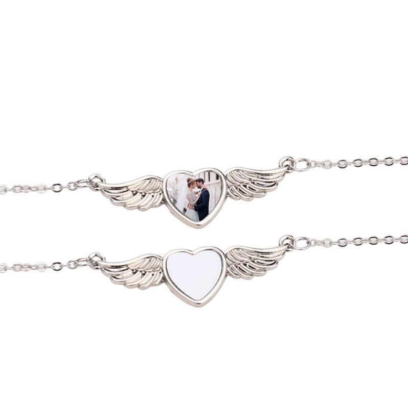 Sublimation Blank Picture Necklace Heart Shape Bezel Pendant Trays with Wing
