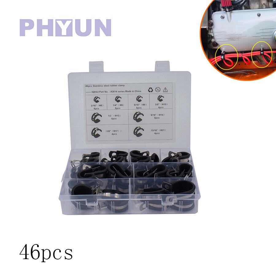 46pcs 8 Kinds Universal Car Rubber Cushioned Cable Clamp Metal Clamp Tube Holder
