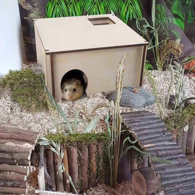 Syrian Hamsters Maze Wood Hut Detachable Roof 3 Chambers House for Small Pets
