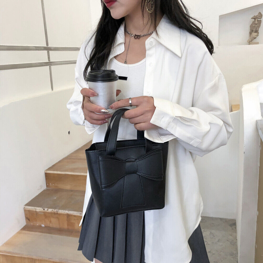PU Leather Bowknot Bucket Shoulder Bag Women Leisure Large Handbag (Black)