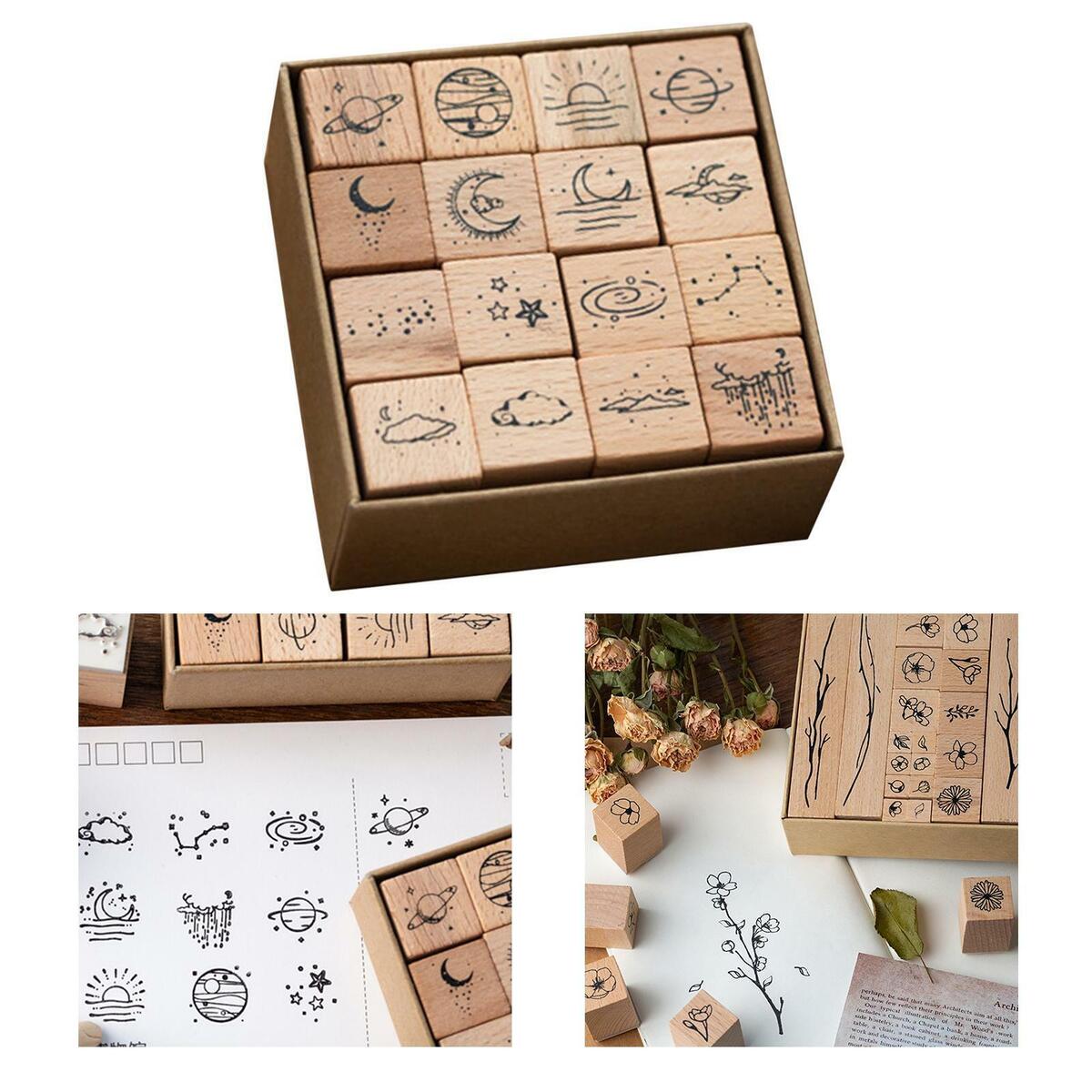 16Pcs Wooden Rubber Stamp Set DIY  Art Crafts Decorative Planner