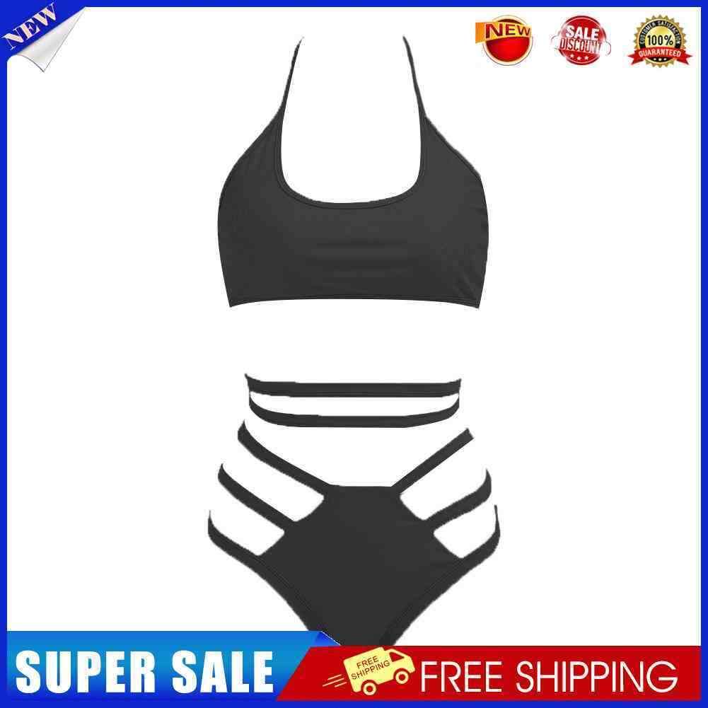 Women Solid Bandage Halter Two-Piece Swimwear Padded Bikini Set(Black)(XL)