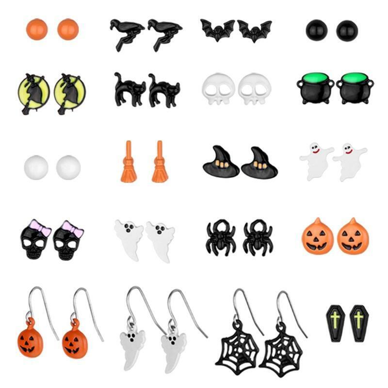 Christmas Halloween Stud Earring Set Women Bat Pumpkin Lamp Spider Web Earrings