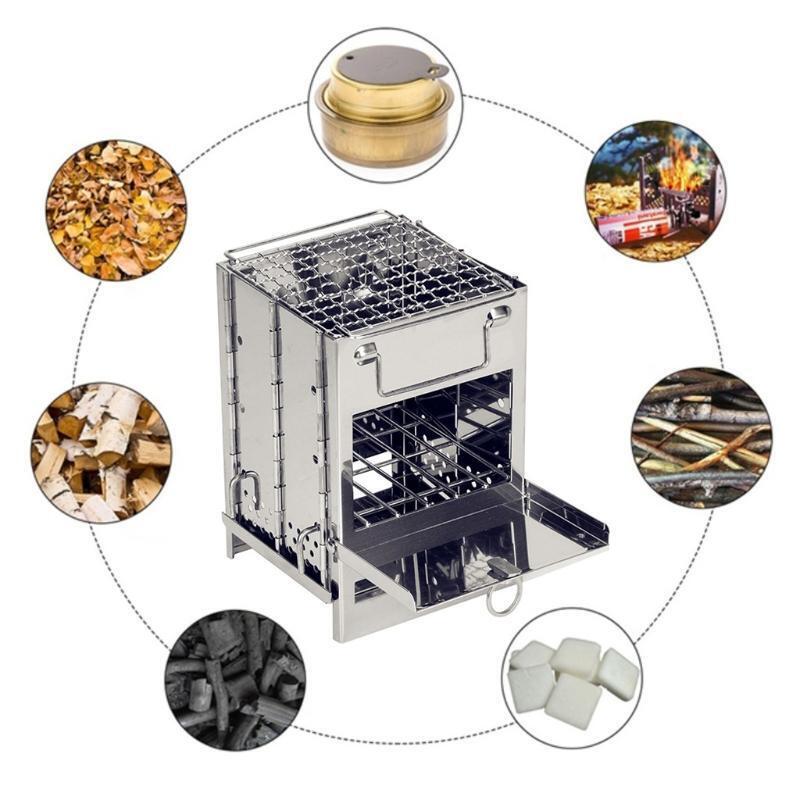 Mini Firewood Stove Camping Cooking Picnic Stainless Steel Charcoal Folding Gril
