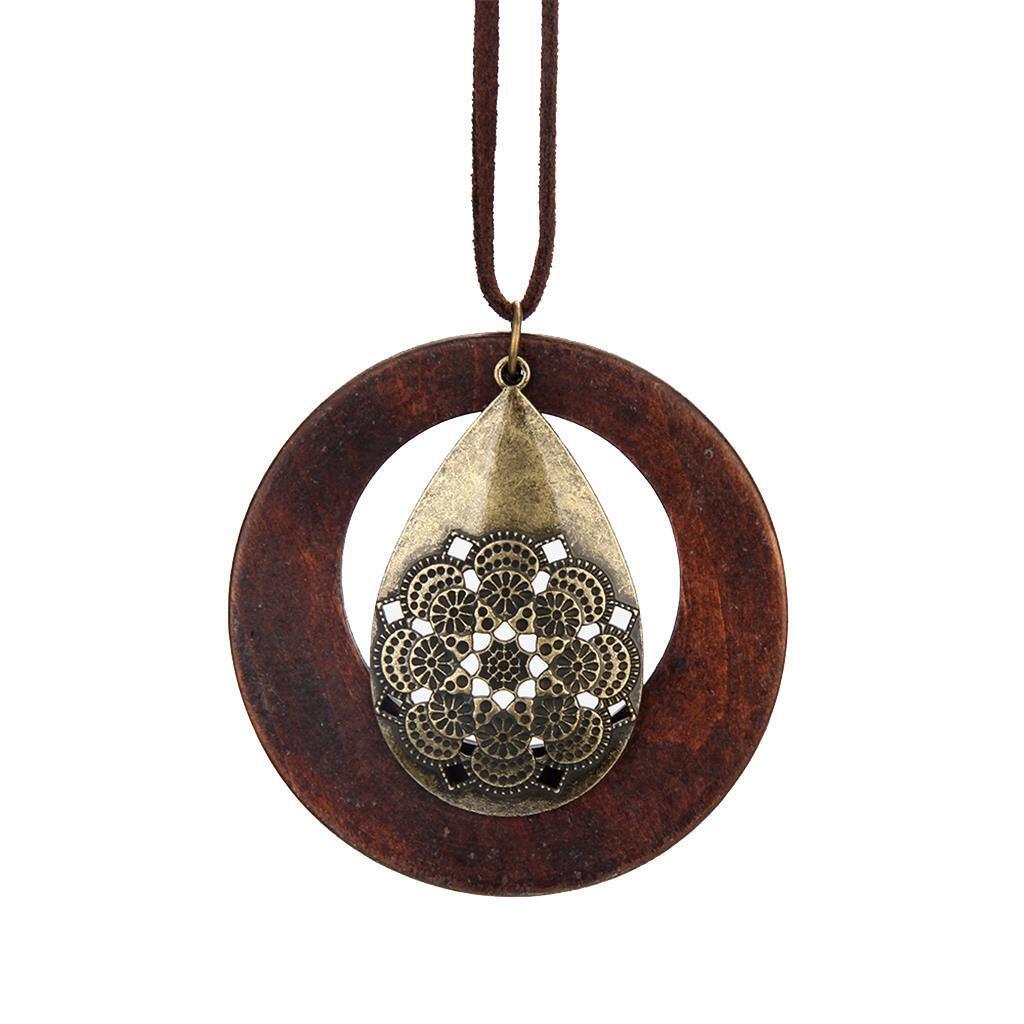 Round Wooden Pendant Long Sweater Chain Necklace Jewelry Gifts