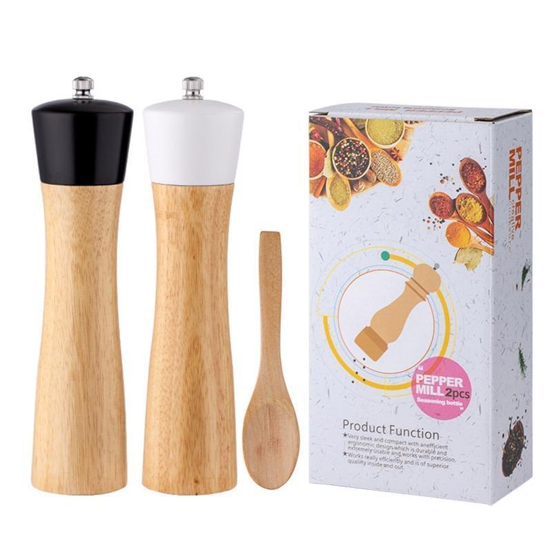 Set of 3 Salt and Pepper Shakers with Adjustable Ceramic Rotor Manual Wooden Gri