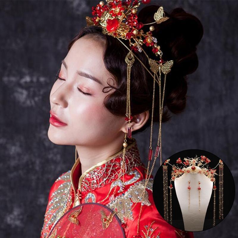 Women Girls Dress Jewelry Set Chinese Classical Tassel Floral Headdress Earrings